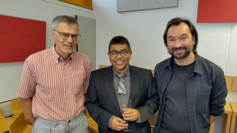 Aravindh with his PhD supervisor Prof. Robert Schober and the chair of the PhD defence committee Prof. Sebastian Schlecht.